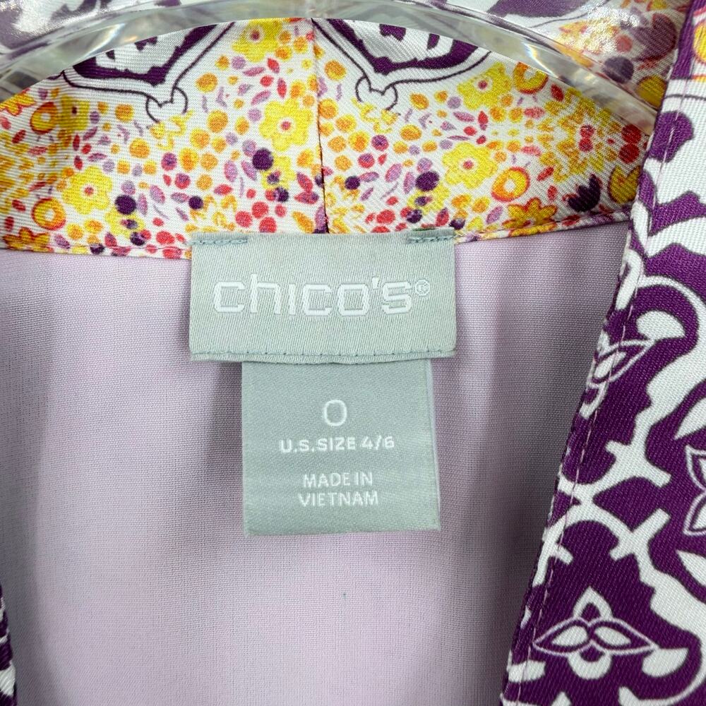 Chico’s Sz 0 Purple Pastel Coastal Tile Floral Satin Boho Chic Duster Cardigan - Picture 11 of 13